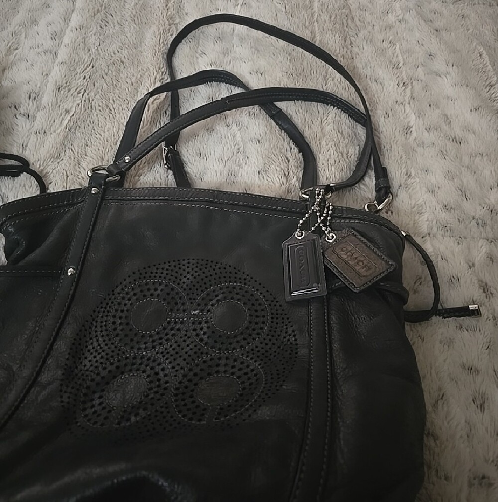 Black Coach Women's Leather Tote Bag with Perforated Detail - Picture 7 of 11